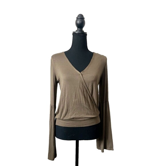 Wrap Tops - Aeropostale Faux-Wrap Crop Pullover Blouse Bell Sleeve Top Olive Green Hippie S